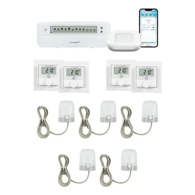 Homematic IP Motorische Fußbodenheizungssteuerung für 4 Räume. Smart Home Set: Access Point, 4 Funk Wandthermostate, 5 Stellantriebe und 1 Fußbodenheizungsaktor. Mit App und Alexa kompatibel.
