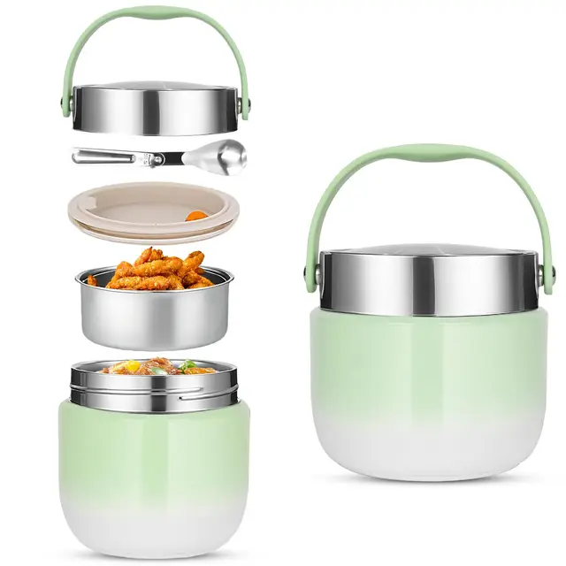 Thermobehälter für Essen 1200ml,Warmhaltebehälter Essen mit Faltbaren Löffel， Thermoschüssel mit Deckel,Thermo Lunchbox Geeignet für die Lagerung von Mehl, Suppe, Mittagessen, Käse (Grün)