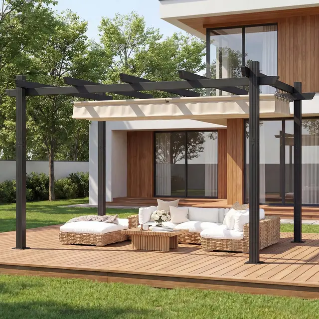 TRIUMPHKEY Pergola Pavillon 3x4m wasserdicht stabil Winterfest, Gartenpavillon Aluminium mit Schiebedach, Sonnenschutz für Garten Terrasse & Balkon, Beige