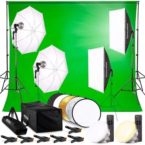 Fotostudio Set - Greenscreen (3 x 3 m) mit Ständer (3 x 2,6 m) - Softbox mit Lampen Set - Green Screen Fotohintergrund - Reflektor - Studiolicht Fotolampe - Streaming Fotografie Hintergrund