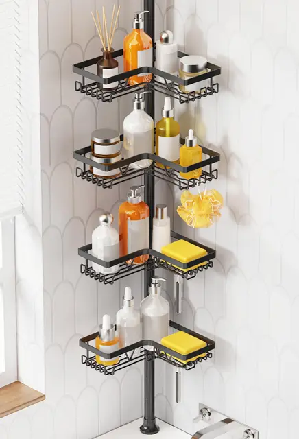 KEGII Teleskop Duschregal Teleskopregal Bad Duschablage Eckregal für Dusche und Badewanne Schwarz, 4 Stück - Teleskopregal Badezimmer Organizer