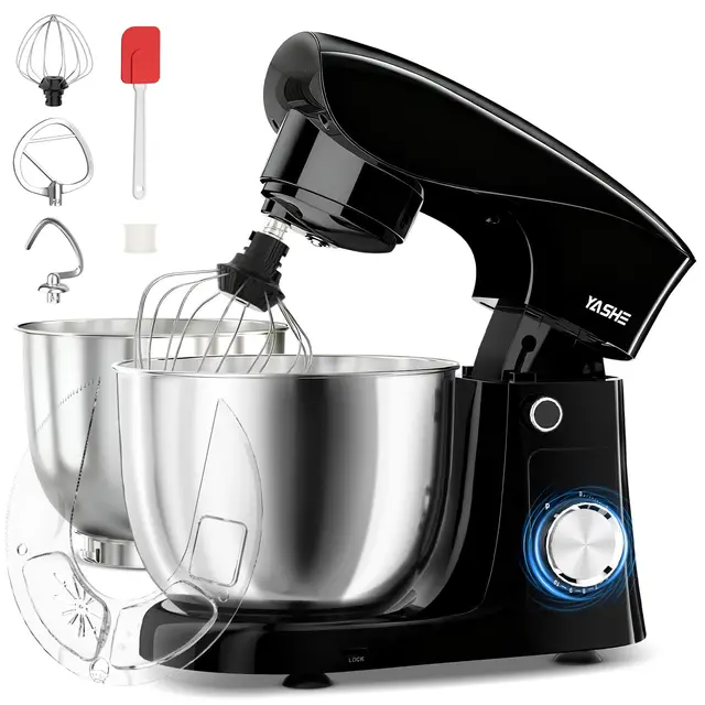 YASHE Küchenmaschine 1500W, leistungsstarke Knetmaschine mit 4,5 + 5L Edelstahlschüsseln, 10+P Geschwindigkeiten, Kippkopf, Knethaken, Rührbesen und Schneebesen