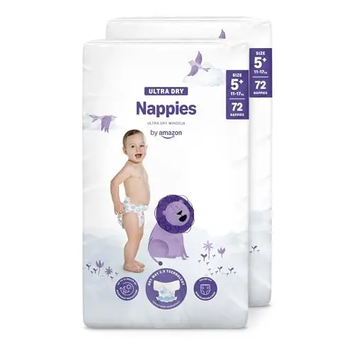 By Amazon Ultra Dry Windeln Größe 5+ (11-17 kg) - MONATSBOX, Weiß, 144 Stück (2 Packungen mit 72) (Früher Unter Der Marke Mama Bear, Identisches Produkt)