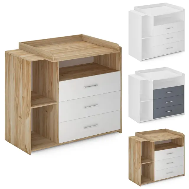 Infantastic® Wickelkommode -Mit Wickelauflage, 3 Schubladen, 3 Fächer, 113x53x101.6 cm, in MDF, Weiß/Grau/Sonoma - Baby Kommode, Wickelregal, Wickeltisch, Wickelschrank mit Wickelaufsatz (Sonoma-weiß)