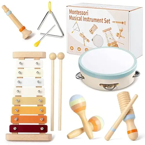 8-in-1 Montessori Musikinstrumente Kinder ab 1 Jahr, Holzspielzeug mit Xylophon, Trommel, Triangel, Maracas, Flöte, Baby Musikspielzeug, Kinderschlagzeug ab 2 3 Jahre, Lernspielzeug für Jungen Mädchen