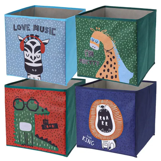 Murago - 4er Set Faltboxen ca. 30x30x30 cm - Aufbewahrungsboxen Tiermotiv faltbar Körbe Spielzeug Kiste Boxen Stoff Würfel Regalkorb Klappbox für Kinderzimmer