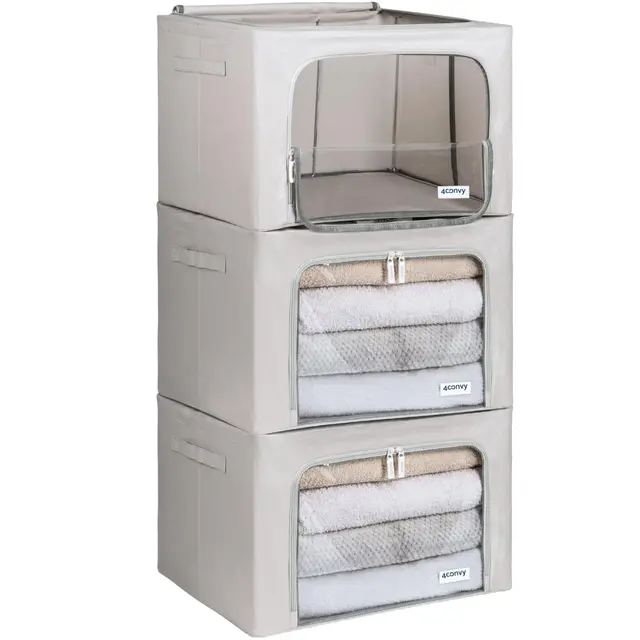 4CONVY Kleideraufbewahrung Kleiderschrank Box mit Reißverschluss Metallrahmen - große faltbare stapelbare Aufbewahrungsbox -3x66L Aufbewahrungstaschen - Kleiderbox für Bettdecke Kleidung Aufbewahrung