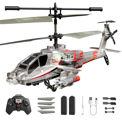 XIKOTEC Militär-RC Hubschrauber Ferngesteuert, RC Helikopter Ferngesteuert 2 Akkus, LED-Leuchten, E-Tast-Start/Landung, Ferngesteuerter Hubschrauber Spielzeug Kinder Geschenke für Jungs ab 8 Silber