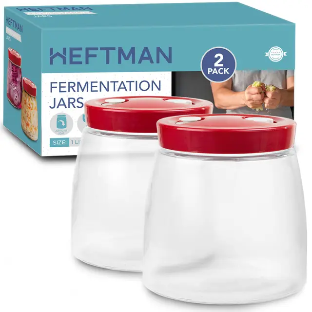 HEFTMAN Gärglas mit 1-Wege-Luftablassöffnung - Gärgläser 2 Stück (Rot) | 1 Liter 2er-Pack Lebensmittelecht Fermentierglas für Kefir, Kimchi, Sauerkraut, Sauerteigstarter, Overnight Oats