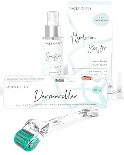 FACES OF FEY Microneedling Starter Set – Dermaroller 0,25 mm mit ECHTEN 192 Nadeln + 7er Hyaluron Ampullen mit Hochkonzentriertem Serum + Sanitizer