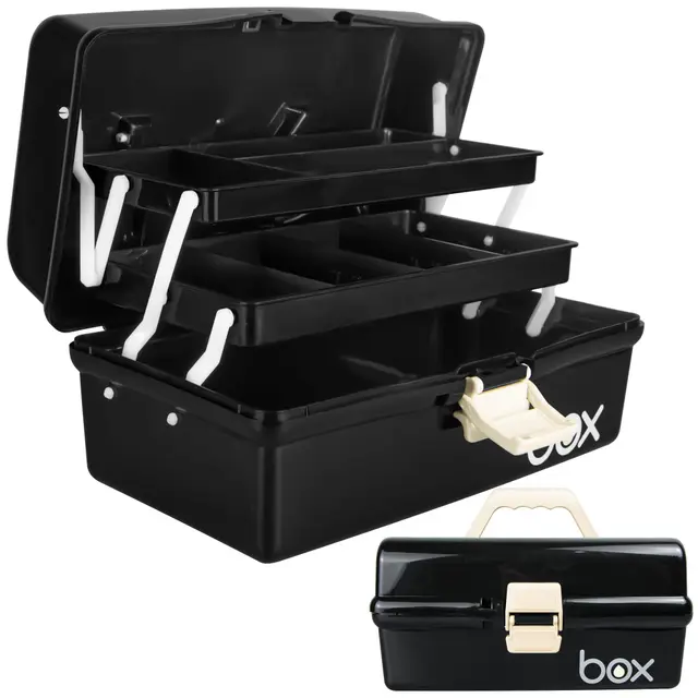 Creahaus 30,5 cm 3-Ebenen Mehrzweck-Aufbewahrungsbox/Bastel-Aufbewahrungsboxen mit Fächern/Kunststoff Schwarze Werkzeugbox/Medikamenten-Aufbewahrungsbox/Haarzubehör-Organizer/Nähbox mit 2 Fächern