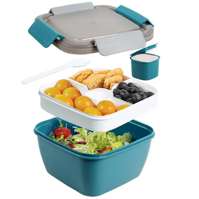 Greentainer Salatbehälter mit 3 Fächer und Dressingbehälter und 1 Gabel,Aauslaufsicher Salatbox-to-go für Salat und Snacks,1500 ml Lunchbox für Schule,Arbeit,Picknick, Reisen,Camping