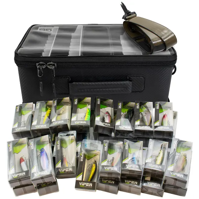 Waterproof Tackle Container – Wasserdichte Köderbox Angeltasche mit Klarsichtdeckel, Schultergurt & 8 Ablauffächern – Tasche für Wobbler, Jigs & Pilker (Tackle Container + 30 Wobbler)