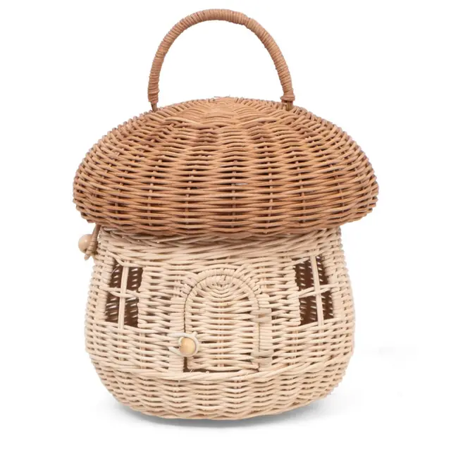 GON Design Pilzkorb aus Rattan – Handgeflochtener Mushroom Basket für Kinder | Aufbewahrungskorb mit Deckel | Kleiner Pilzkorb als Deko & Spielkorb – Natur Boho Stil