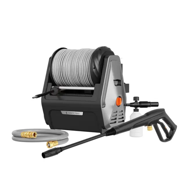 Giraffe Tools Wandmontierter Hochdruckreiniger, 1800 Watt, Max 2400 PSI, 2.0 GPM Elektrischer Wasserdruckreiniger, mit 30M Einziehbarem Schlauch, für Auto, Terrasse, Schwarz, Grauer weicher Schlauch