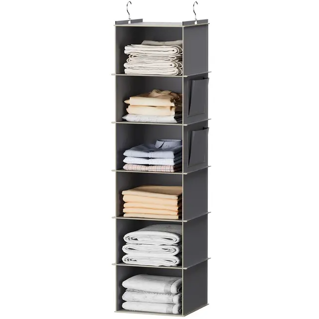 YOUDENOVA Hängeregal Schrankorganizer Stabiler 6 Fächern Kleiderschrank Organizer Ordnungssystem Hängeaufbewahrung mit MDF-Platten und Bambus-Stock verstärkt Grau