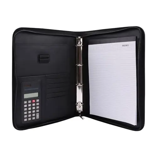 Genie Exclusiv A4 Schreibmappe mit Ringbuch, Taschenrechner, Reißverschluss, inkl. A4-Schreibblock, Lederoptik schwarz