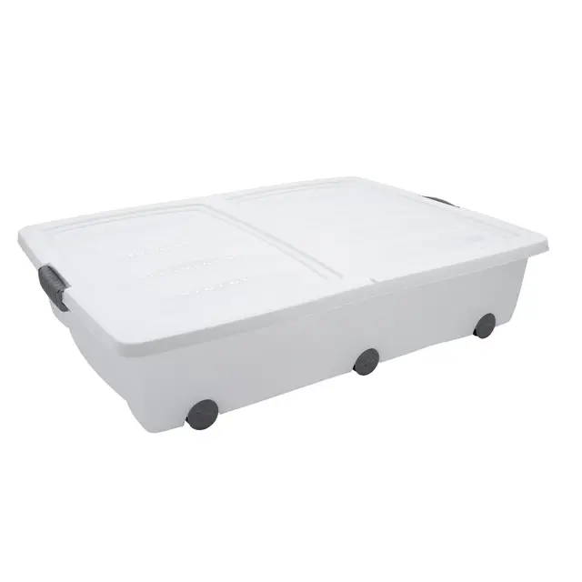 XXL Unterbettkommode mit Klappverschluss 80 x 60 x 17 cm - 60 Liter - Aufbewahrungs-Rollbox mit zweigeteiltem Deckel in weiß - Universal Aufbewahrungsbox Unterbett Box Spielzeugkiste mit Rollen
