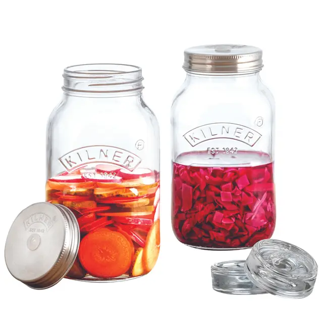 Kilner Fermentier Set | 2x 1 Liter Glas mit Gärungsdeckel | einfaches Haltbarmachen von Gemüse | Fermentieren Starter Set | Konservieren von Gemüse, wie Sauerkraut und Kimchi | Einmachglas 1l | Fermentationsgläser, für Sauerkraut, Kimchi, Gurken, Rotkraut, spülmaschinengeeignet, mit Glasgewichten