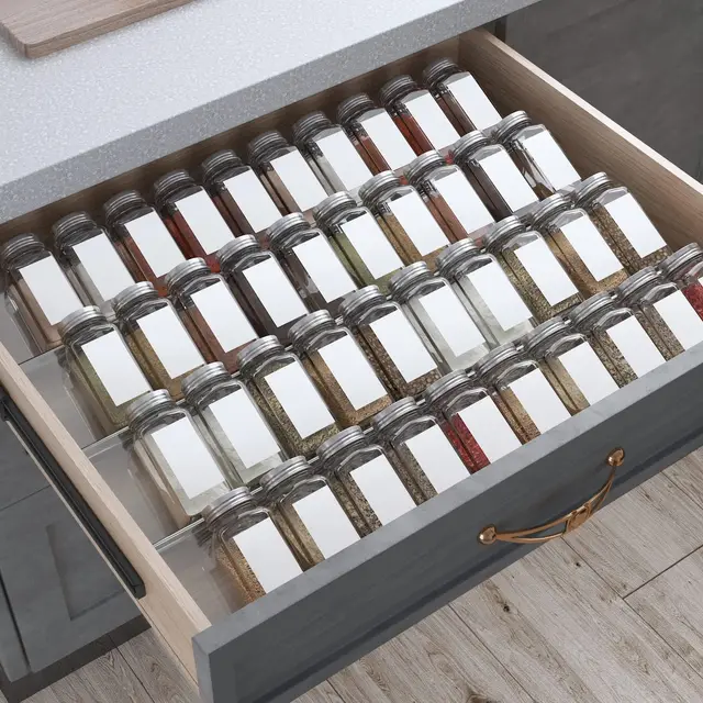 Antimbee Gewürz Organizer Schublade, 4 Etagen- 8 Stück Küchen Gewürzregal Schublade,ausziehbar von 33 cm bis 66 cm,Acryl-Gewürzablage für bis zu 56 Gewürzgläser (Gläser nicht enthalten)