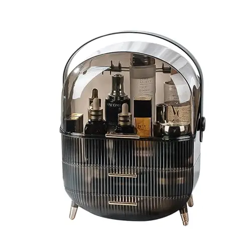 Jauhmui Tragbare Kosmetikorganiser Make Up Kosmetik Organizer Aufbewahrungsbox Kosmetikbox Staubdicht mit Deckel,Tragegriff,2 Schubladen für Bad & Schminktisch (Grau)