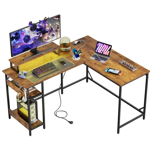 DEVAISE Gaming Eckschreibtisch L-Form 140x118cm mit RGB LED vintagebraun