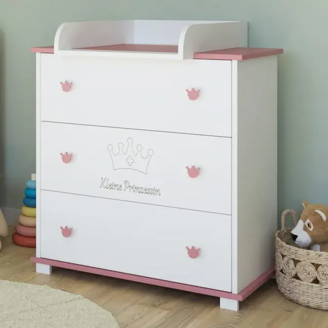 Kids Collective Wickelkommode Kommode Wickeltisch mit Wickelaufsatz mit 3 Schubladen und Kleine Prinzessin Gravur in Weiss pink Mädchen Made in Europe