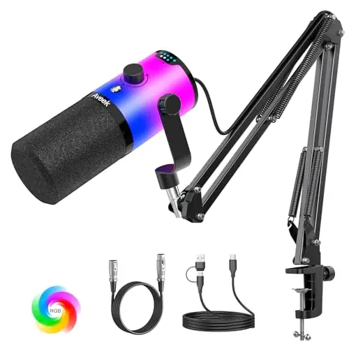 Aveek USB/XLR Dynamisches Mikrofon mit Arm, One-Touch-Stummschaltung und Geräuschunterdrückung, 3-in-1 Regler für Verstärkung/Lautstärke/Mix, RGB Gaming Mikrofon für PC, Streaming, Podcasts, Aufnahmen