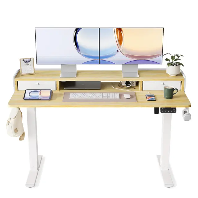 YIHAYO Höhenverstellbarer Schreibtisch mit Schubladen und Monitorständer 140x60 cm, Elektrischer Schreibtisch Stehschreibtisch mit Memory Funktion, Natural