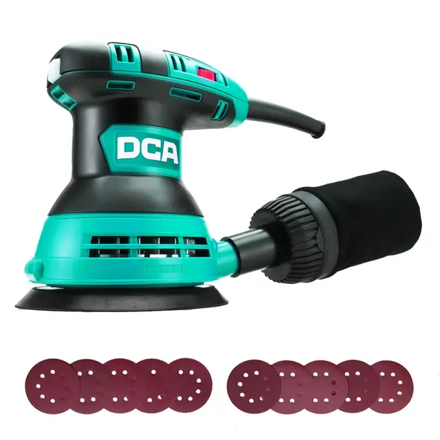 DCA Exzenterschleifer 300W, 125MM Schleifmaschine mit 6 Geschwindigkeiten, Max.12000 U/min, 0.3L Staubfangbehälter und Aubgeschützter Schalter, 10 Schleifpapier für Schleifen, Polieren von Holz, DIY