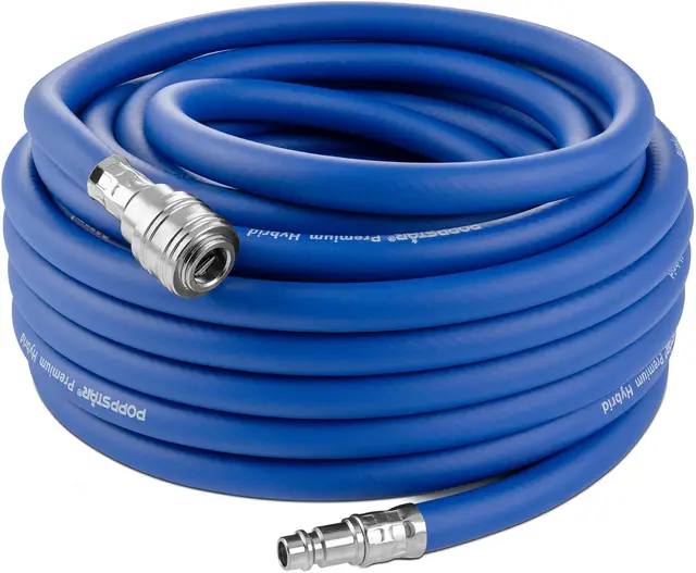 Poppstar Druckluftschlauch 15 m (Hybrid PVC mit Gewebe, Innendurchmesser 9,2mm mit Schnellkupplung & Kupplungsstecker) bis 20 bar, blau
