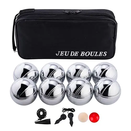 8-teilige Metall Boule Kugeln Set mit Tasche, Magnet, Distanzmesser & Holz-Cochonnet – Boccia / Botcha Spiel für Kinder & Familien - Petanque, Jeu de Boules, Cross Boule, Boßelkugel-Set - 010203
