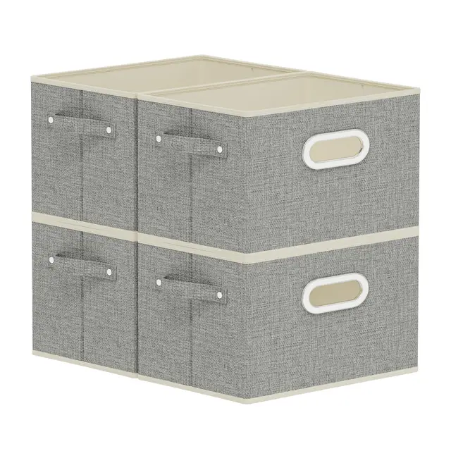 Offene Stoffbehälter, Faltbare Stoff Aufbewahrungsbox aus Leinen, Klappbox mit Griffen, 4 Stück Aufbewahrungskörbe für die Aufbewahrung von Kleidung, 26x20x17cm, Grau