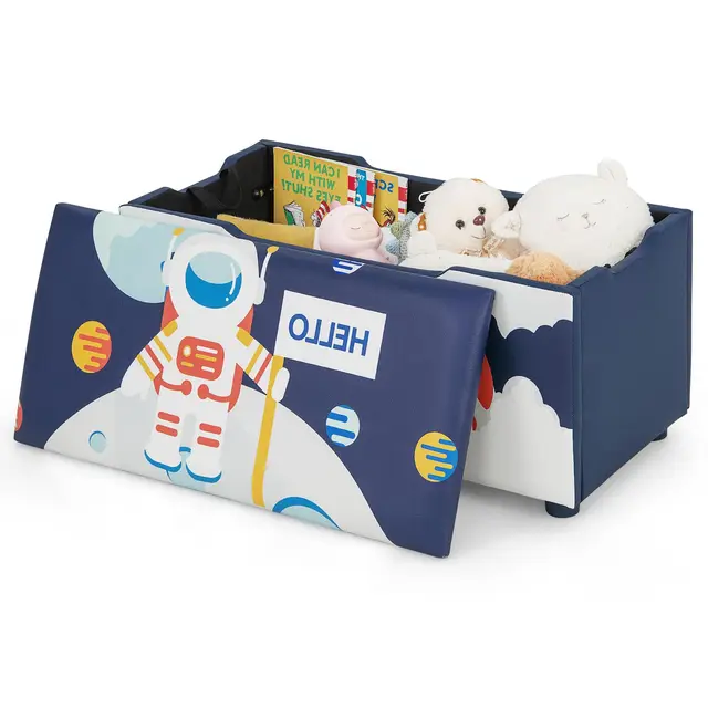 KOMFOTTEU Auflagenbox mit abnehmbarem Deckel, gepolsterte Aufbewahrungsbox aus MDF PVC, Sitzbank mit verstellbaren Füßen, Spielzeugkiste für Kinder (Blau - Astronaut)