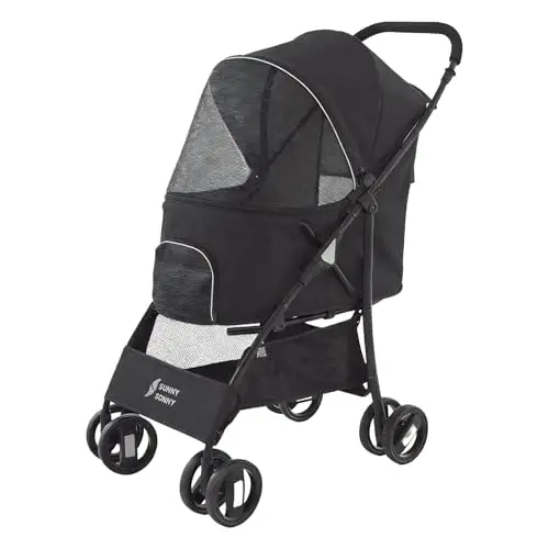 Sunny Sonny Faltbarer Jogger Haustier-Kinderwagen mit Wetterabdeckung, Aufbewahrungskorb, Haustier-Tragetasche für S/M Hunde und Katzen bis zu 15 kg (schwarz)
