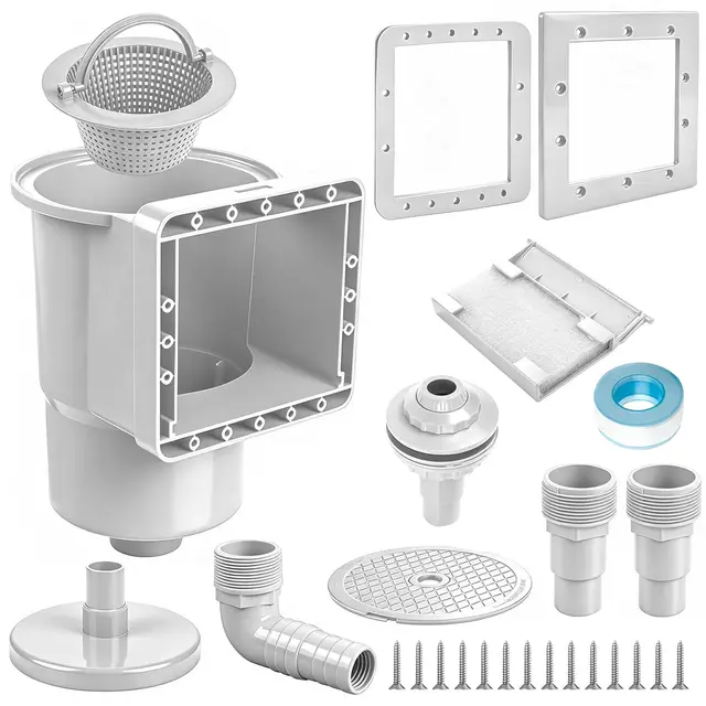 Skimmer Pool Set 10-TLG. Einbauskimmer inkl. Einlaufdüse, Skimmerkorb, Schlauchanschluss 32/38mm, Winterverschluss, Komplettset für Stahlwandpools und Aufstellbecken, Poolreinigung, Grau