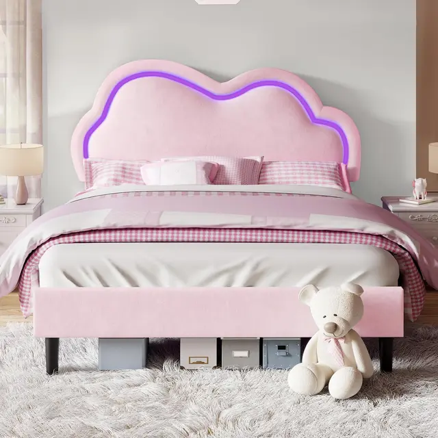 LUXOAK Kinder Bett 90x200cm für Mädchen mit verstellbarem Wolken-Kopfteil, mit RGB-Beleuchtung, Samt gepolstert, 18 cm Stauraum unter dem Bett, kein Boxspring erforderlich,Farbe Rosa