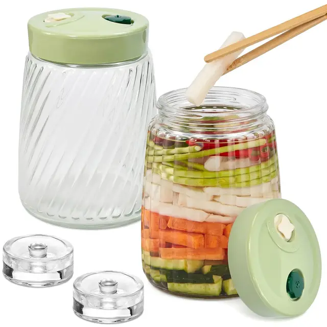 2er Set Fermentierglas 1.4L Doppelventil Gärglas mit Gewichten Bambusclip Luftdichte Kimchi Behälter Sauerkraut Glas für Kefir Gemüse Fermentation Jars Fermentiergläser für Nüsse Honig