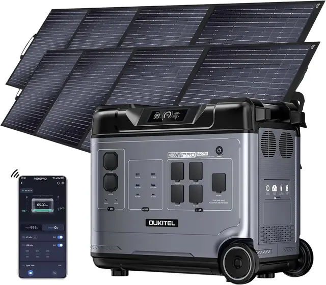 OUKITEL P5000 Pro 4000W Tragbare Powerstation mit 2x200W Solarpanel, 5120Wh Solar Generator, LiFePO4 Batterie, 15 Ausgang, APP, Portable Power Station für Camping, Reisen, Wohnung