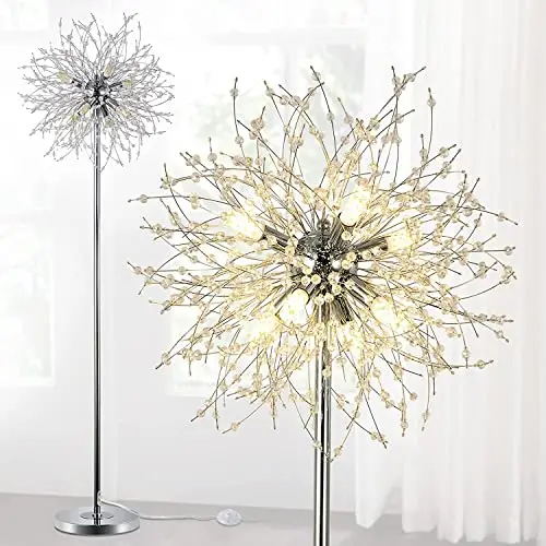 Rayofly Moderne Kristall Stehlampe, 8-Flammige Feuerwerk Stehleuchte mit Fußschalter, Chrom, Hohe 172cm, Metall Glas Stehlampen für Wohnzimmer, Schlafzimmer, Esszimmer, Sofa, Ecke