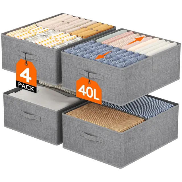 Lifewit Groß Aufbewahrungsboxen, Faltbarer Schrank Aufbewahrungskorb mit EntfernbareTrennwand, Stoff Kleiderschrank Organizer -Aufbewahrung Boxen für Kleidung, Hosen, Socken, 4er Set, 50 x 40 x 20 cm