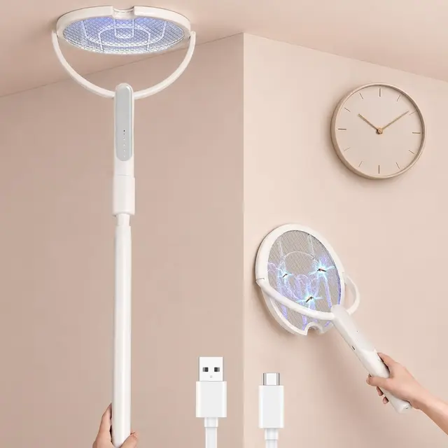 Elektrische Fliegenklatsche, 4000V Insektenvernichter mit Teleskopstange，1800mAh Akku, 2-in-1 USB-C Mückenfalle mit Rotierendem Kopf und Ladestation, für Innen und Außen