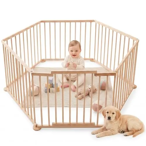 Laufstall Baby Holz XXL Klappbar mit Tür, Laufgitter Baby inkl. 6 Elementen je 100 x 72 cm, Babygitter Holz Faltbar, Kinderlaufstall & Absperrgitter Für Innen- und Außenbereich