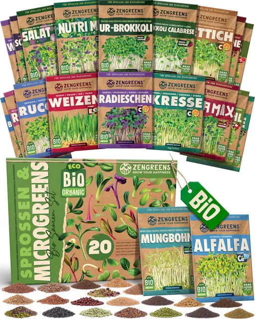 ZenGreens® - Bio Sprossensamen im 20er Set - Keimsprossensamen - leichte Zucht im Sprossenglas oder Anzuchtschale - Großpaket - 20 verschiedene Sorten - Microgreens Samen Mix - 20er Set