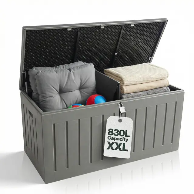 Olsen & Smith Abschließbare XXL 830L Aufbewahrungsbox mit Deckel Groß – Wetterfeste Gartenbox & Sitzbank mit Gasdruckfeder – Wasserdicht Auflagenbox & Kissenbox – Gartentruhe Anthrazit Holzoptik