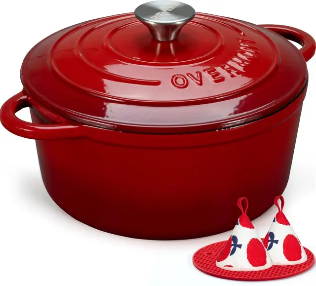 Overmont Schmortopf Gusseisen Topf 26cm - Emaille Bräter mit Deckel backofengeeignet - mit Kochbuch - für Küche Backen Schmoren Braten Rot