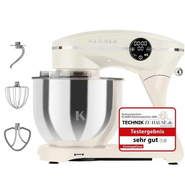 KLAMER Küchenmaschine 1800W, Knetmaschine Brotteig mit Edelstahl-Rührschüssel 6 L, 10 Stufen mit Timer, Planetenrührwerk, Rührbesen, Knethaken, Schneebesen & Sichtdeckel (creme)