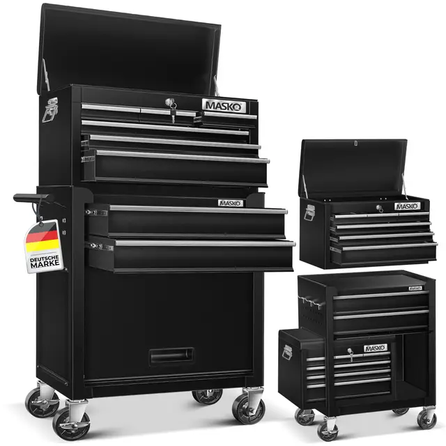 MASKO® Werkstattwagen inkl. Koffer - 9 Fächer Abschließbar | Massives Metall | Mobiler Werkzeug-Wagen ohne Werkzeug | Profi| Rollwagen zur Werkzeugaufbewahrung mit Schloss | Schwarz