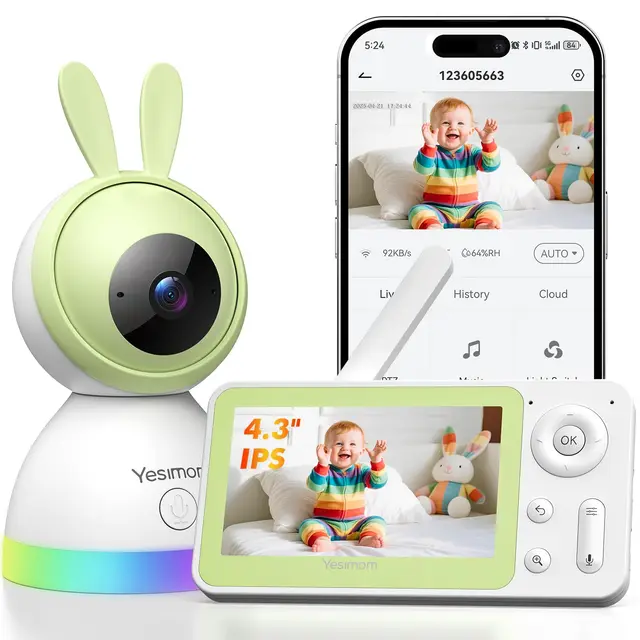 Babyphone mit Kamera 1080P HD PTZ 360°, 4.3" WLAN Baby Monitor mit App, IR Nachtsicht, 4X Zoom, Video Babyfon mit Bewegungs-/Geräuscherkennung, 2-Wege-Audio, Auto-Tracking, Bereichsalarme