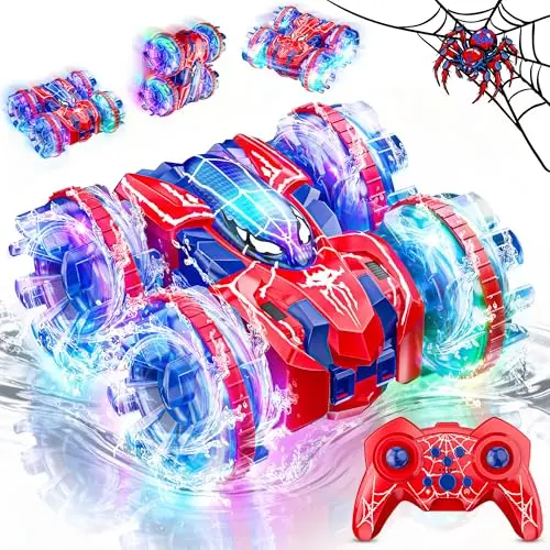 Spider Amphibienfahrzeug Ferngesteuertes Auto, 2.4GHz Doppelseitig RC Auto Car Spielzeug ab 3 4 5 6 7 8+ Jahre Junge, Pool Outdoor Monstertruck mit 360°Drehung & LED Licht, Kinder Geburtstag Geschenke
